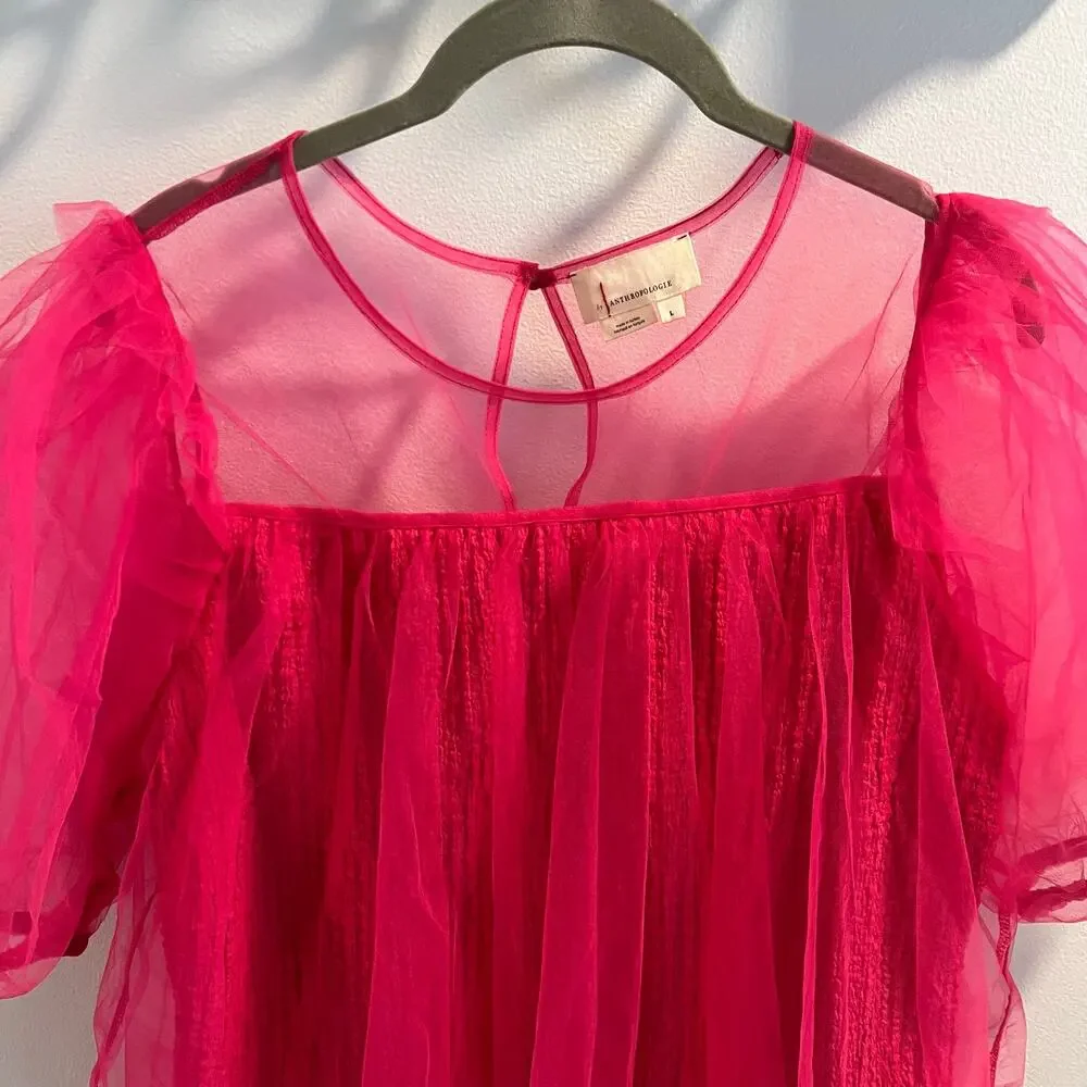 Anthropologie Pink Sheer Puff-Sleeve Top Size L - Picture 2 of 7